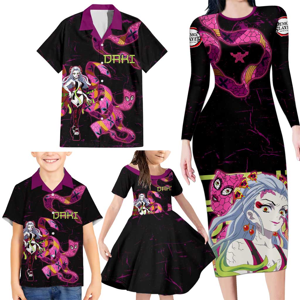 Daki Demon Slayer Theme Family Matching Long Sleeve Bodycon Dress and Hawaiian Shirt with Obi Sash Design and Neon Pink Green Graphic Elements