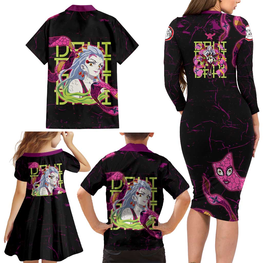 Daki Demon Slayer Theme Family Matching Long Sleeve Bodycon Dress and Hawaiian Shirt with Obi Sash Design and Neon Pink Green Graphic Elements