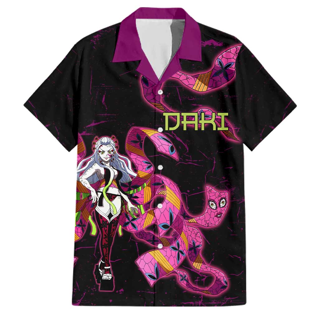 Daki Demon Slayer Theme Family Matching Long Sleeve Bodycon Dress and Hawaiian Shirt with Obi Sash Design and Neon Pink Green Graphic Elements