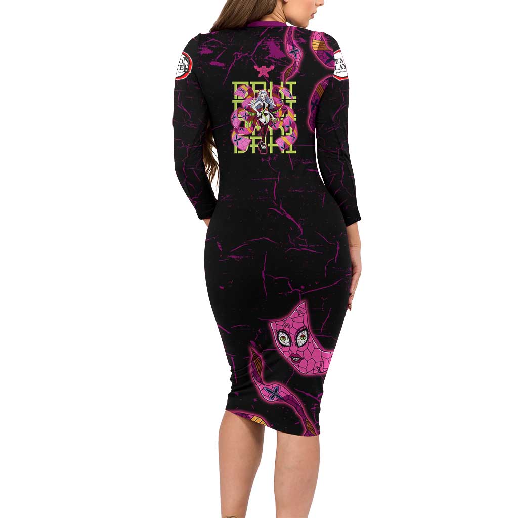 Daki Demon Slayer Theme Family Matching Long Sleeve Bodycon Dress and Hawaiian Shirt with Obi Sash Design and Neon Pink Green Graphic Elements