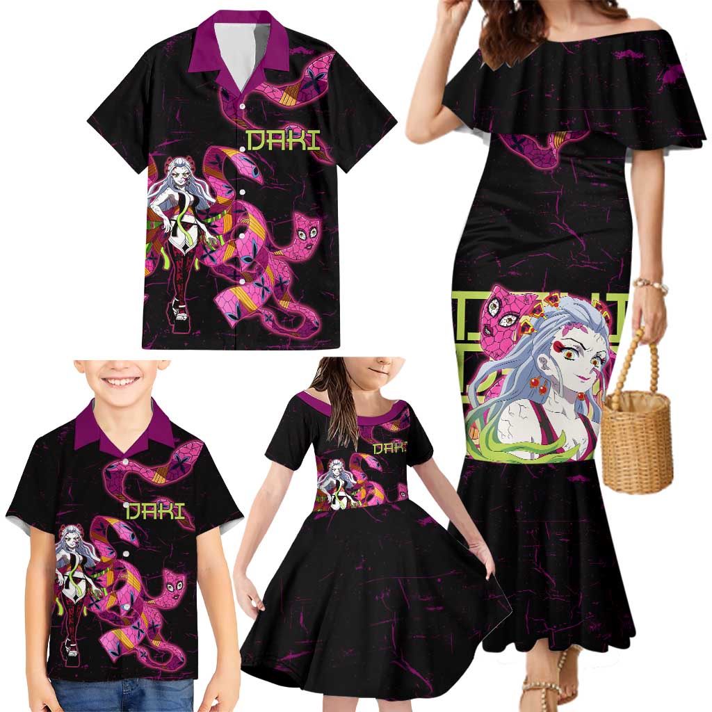 Daki Demon Slayer Theme Family Matching Mermaid Dress and Hawaiian Shirt with Obi Sash Design and Neon Pink Green Graphic Elements