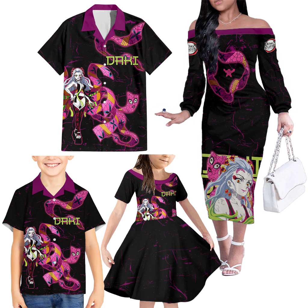 Daki Demon Slayer Theme Family Matching Off The Shoulder Long Sleeve Dress and Hawaiian Shirt with Obi Sash Design and Neon Pink Green Graphic Elements