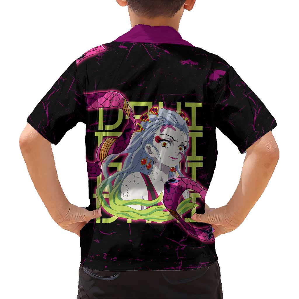 Daki Demon Slayer Theme Family Matching Off The Shoulder Long Sleeve Dress and Hawaiian Shirt with Obi Sash Design and Neon Pink Green Graphic Elements