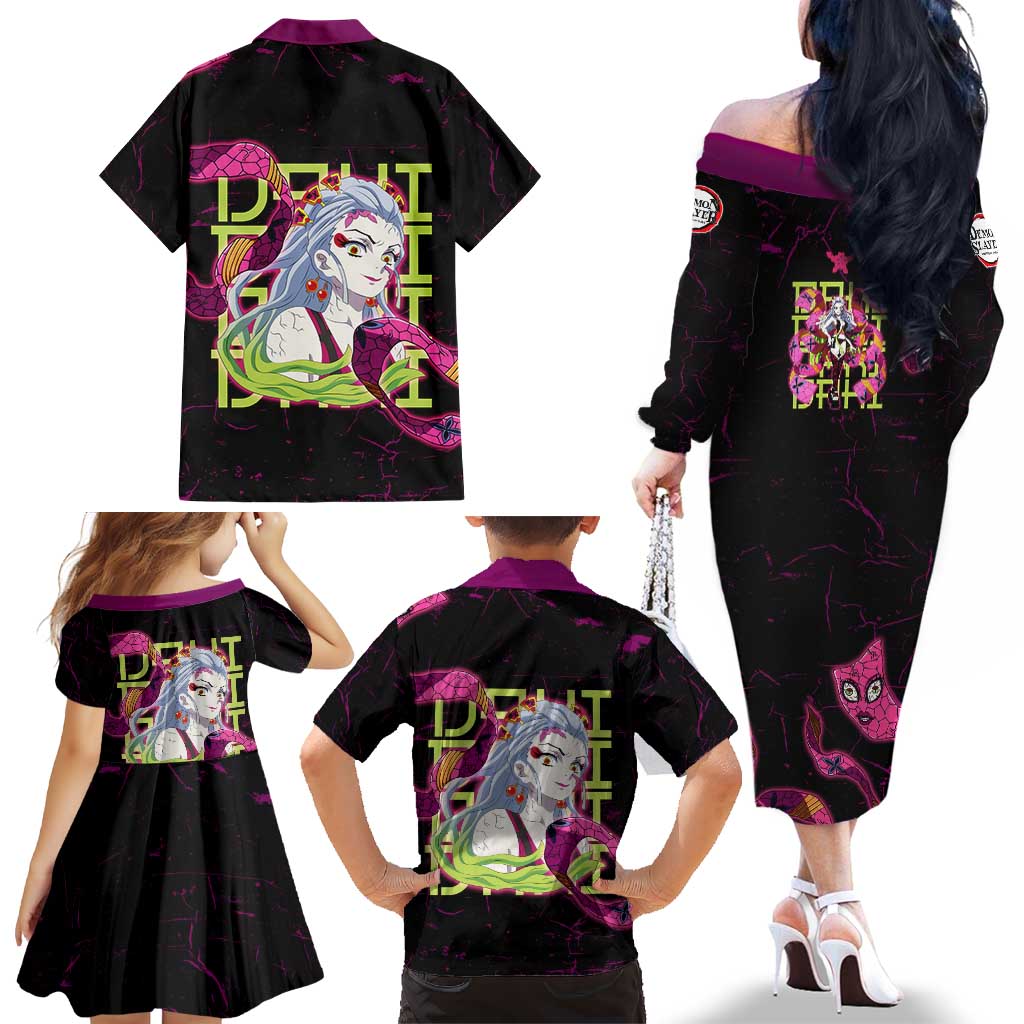 Daki Demon Slayer Theme Family Matching Off The Shoulder Long Sleeve Dress and Hawaiian Shirt with Obi Sash Design and Neon Pink Green Graphic Elements