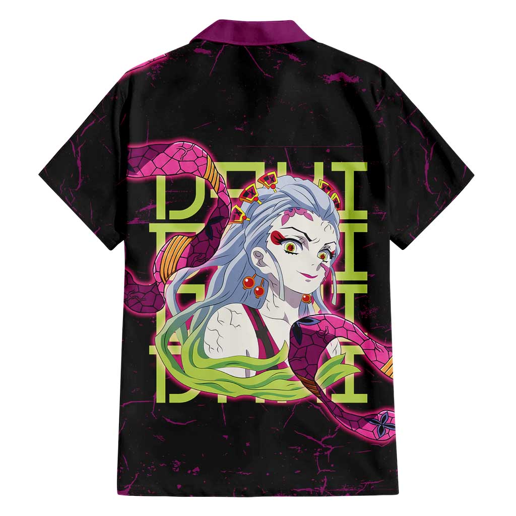 Daki Demon Slayer Theme Family Matching Off The Shoulder Long Sleeve Dress and Hawaiian Shirt with Obi Sash Design and Neon Pink Green Graphic Elements