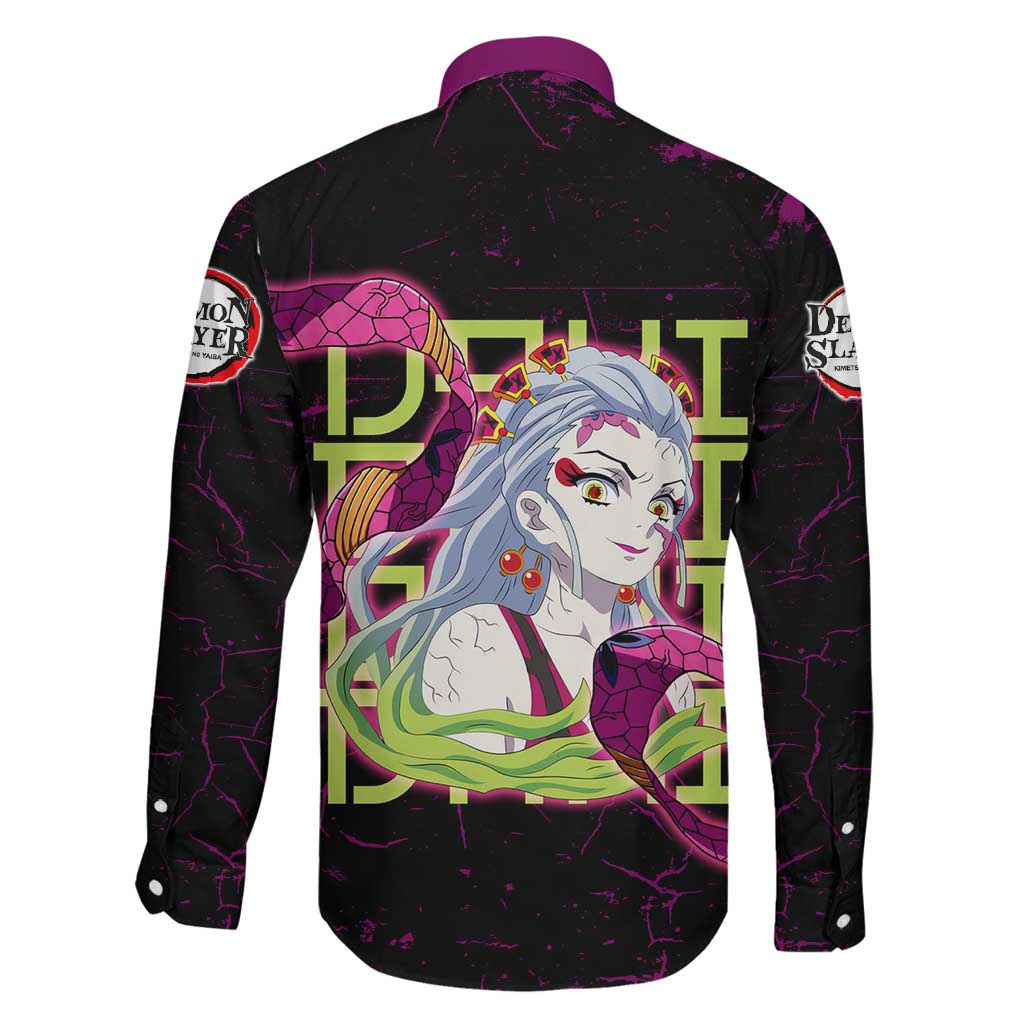 Daki Demon Slayer Theme Family Matching Off The Shoulder Long Sleeve Dress and Hawaiian Shirt with Obi Sash Design and Neon Pink Green Graphic Elements
