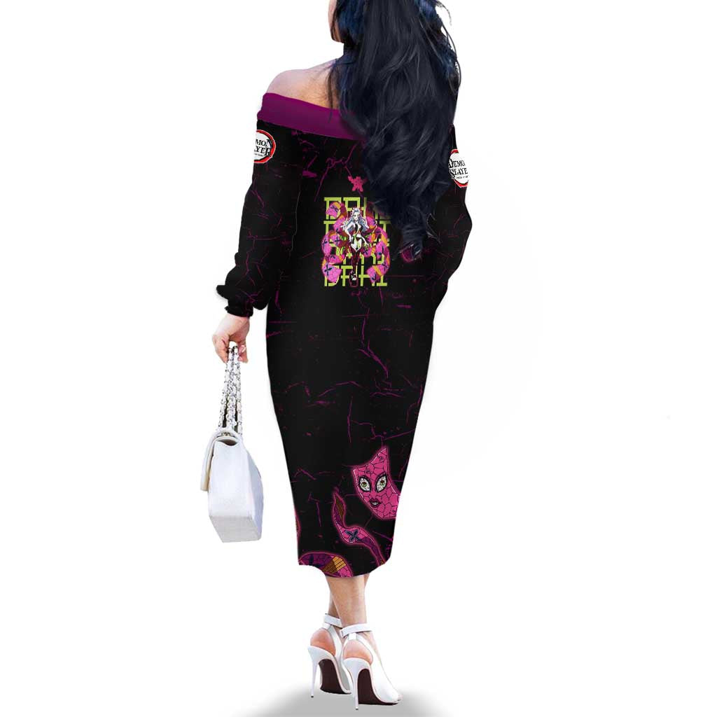 Daki Demon Slayer Theme Family Matching Off The Shoulder Long Sleeve Dress and Hawaiian Shirt with Obi Sash Design and Neon Pink Green Graphic Elements