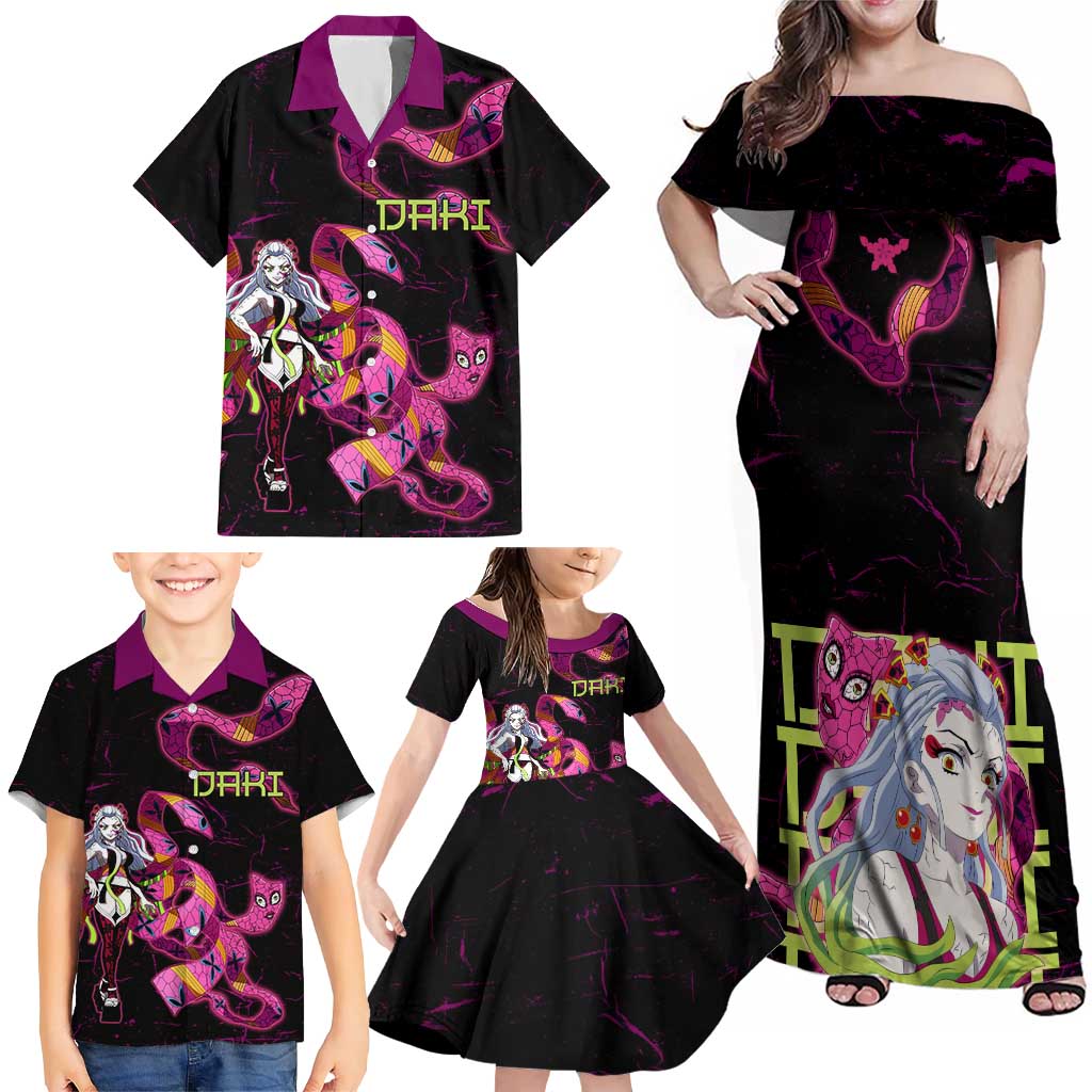 Daki Demon Slayer Theme Family Matching Off Shoulder Maxi Dress and Hawaiian Shirt with Obi Sash Design and Neon Pink Green Graphic Elements