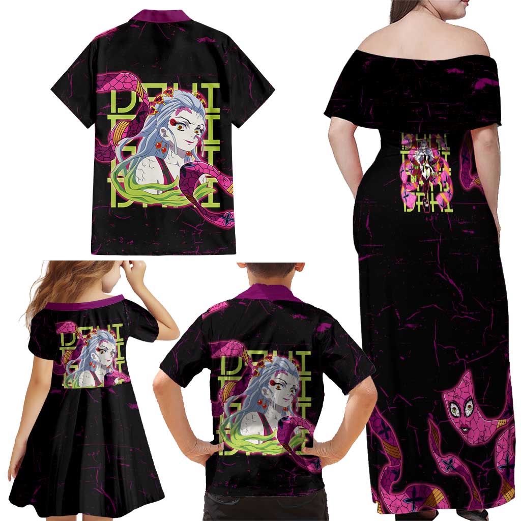 Daki Demon Slayer Theme Family Matching Off Shoulder Maxi Dress and Hawaiian Shirt with Obi Sash Design and Neon Pink Green Graphic Elements