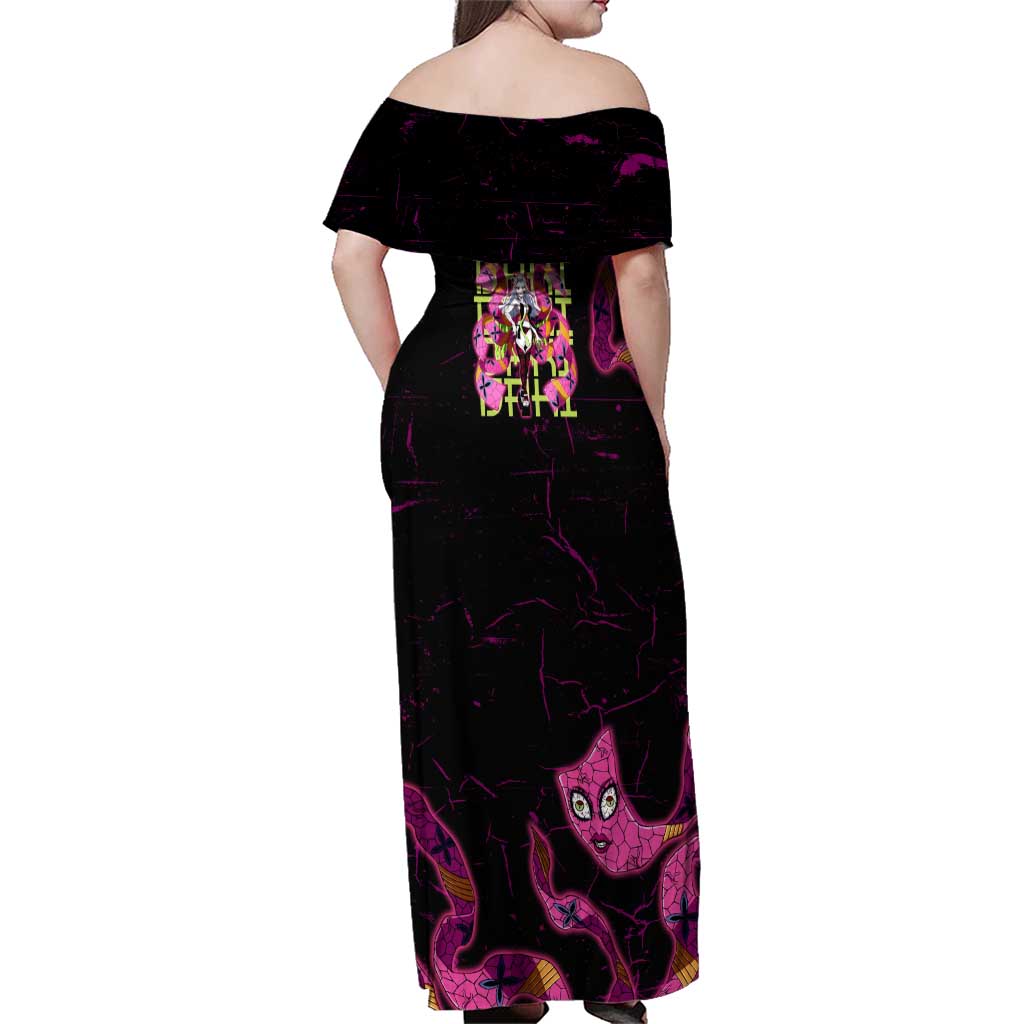 Daki Demon Slayer Theme Family Matching Off Shoulder Maxi Dress and Hawaiian Shirt with Obi Sash Design and Neon Pink Green Graphic Elements