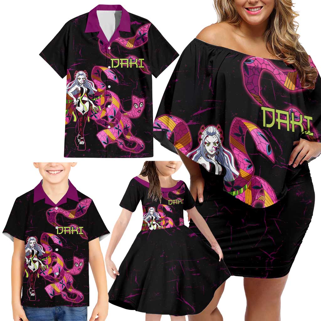 Daki Demon Slayer Theme Family Matching Off Shoulder Short Dress and Hawaiian Shirt with Obi Sash Design and Neon Pink Green Graphic Elements