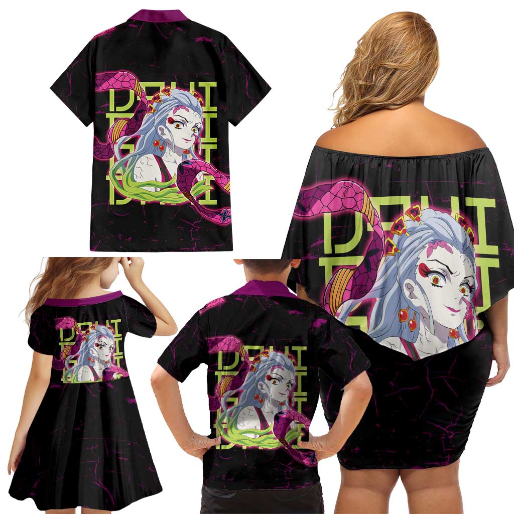 Daki Demon Slayer Theme Family Matching Off Shoulder Short Dress and Hawaiian Shirt with Obi Sash Design and Neon Pink Green Graphic Elements