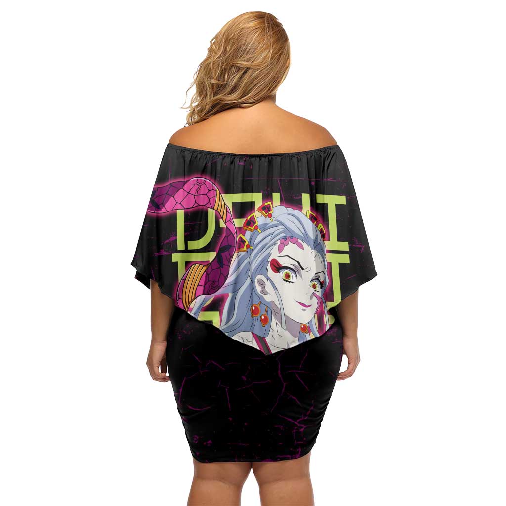 Daki Demon Slayer Theme Family Matching Off Shoulder Short Dress and Hawaiian Shirt with Obi Sash Design and Neon Pink Green Graphic Elements