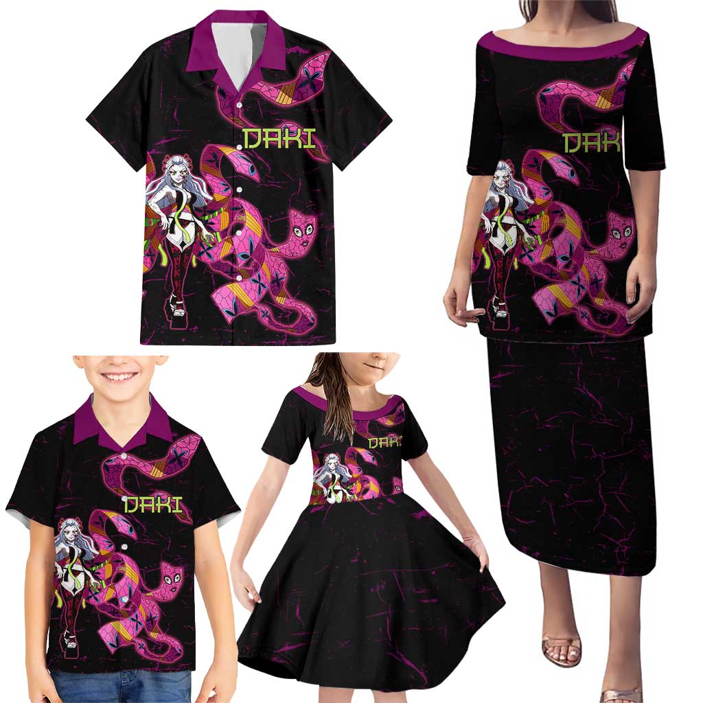Daki Demon Slayer Theme Family Matching Puletasi and Hawaiian Shirt with Obi Sash Design and Neon Pink Green Graphic Elements