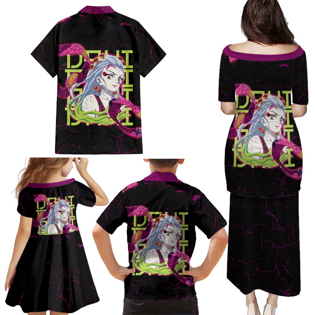 Daki Demon Slayer Theme Family Matching Puletasi and Hawaiian Shirt with Obi Sash Design and Neon Pink Green Graphic Elements