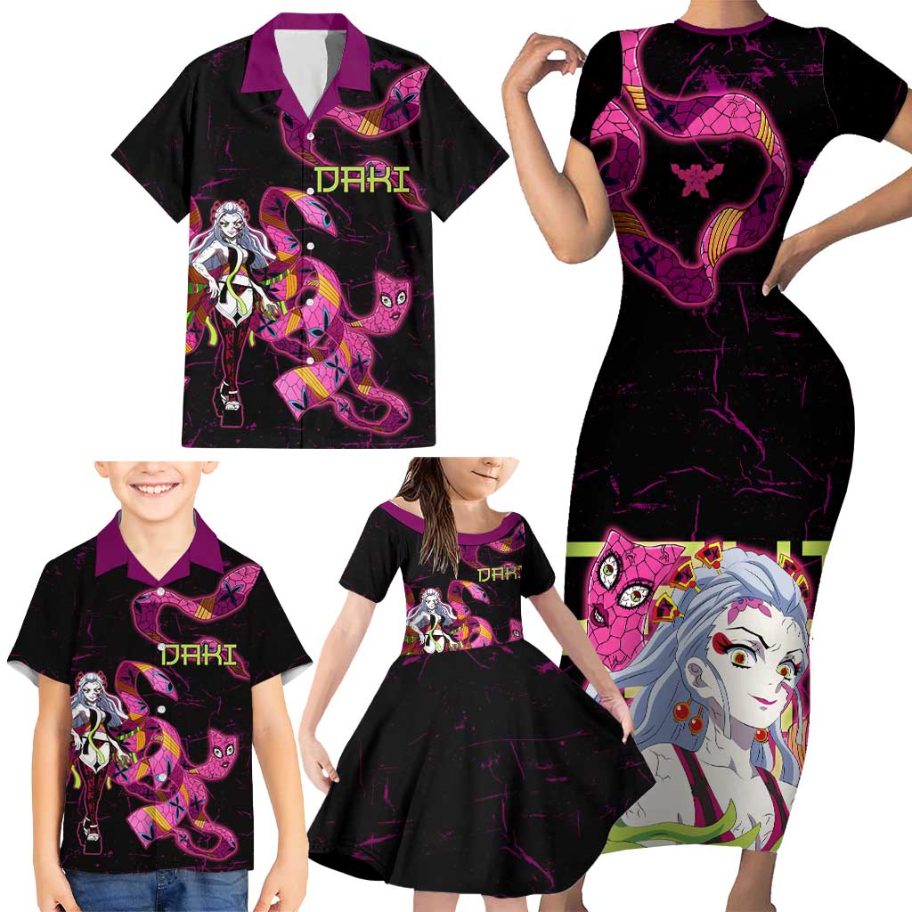 Daki Demon Slayer Theme Family Matching Short Sleeve Bodycon Dress and Hawaiian Shirt with Obi Sash Design and Neon Pink Green Graphic Elements