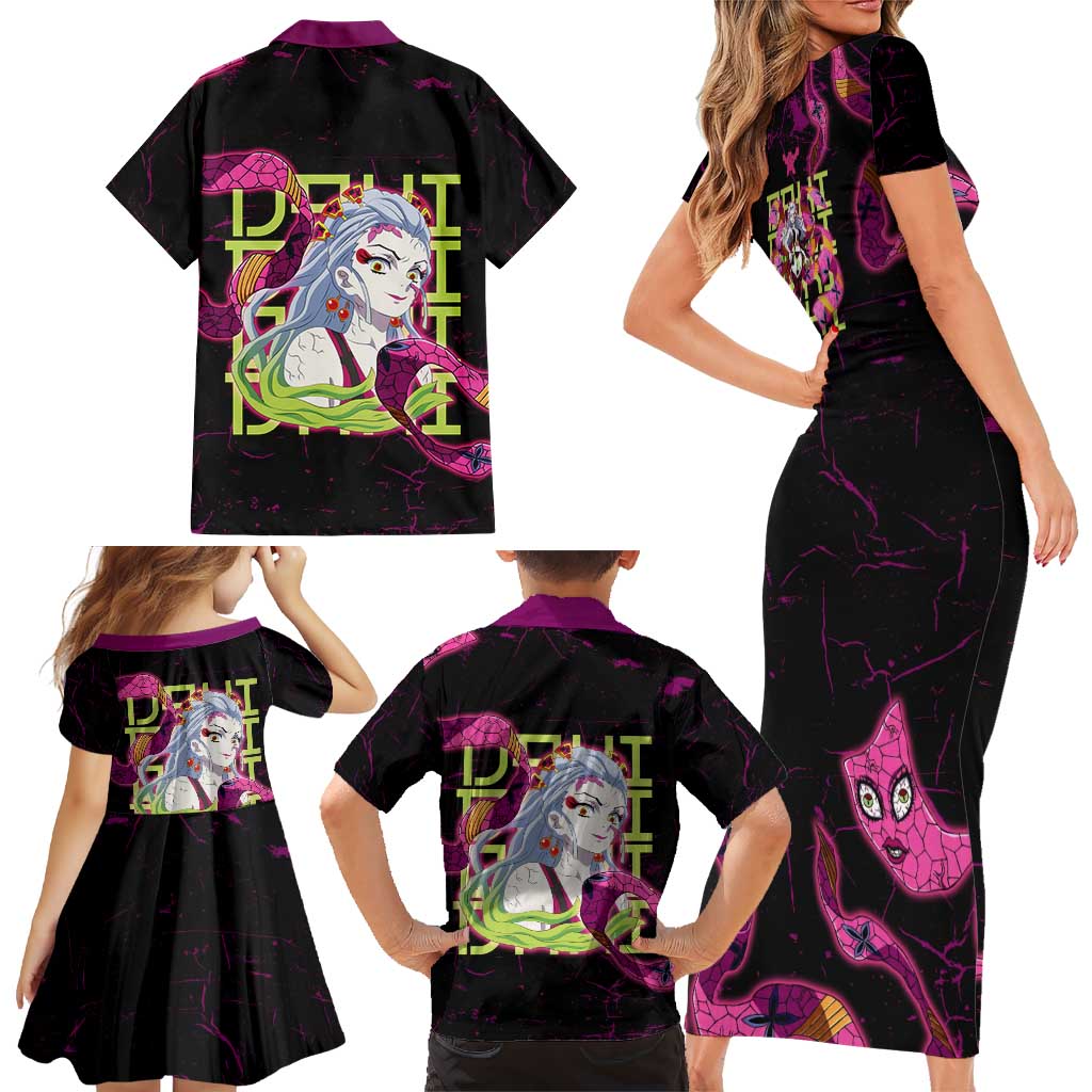 Daki Demon Slayer Theme Family Matching Short Sleeve Bodycon Dress and Hawaiian Shirt with Obi Sash Design and Neon Pink Green Graphic Elements