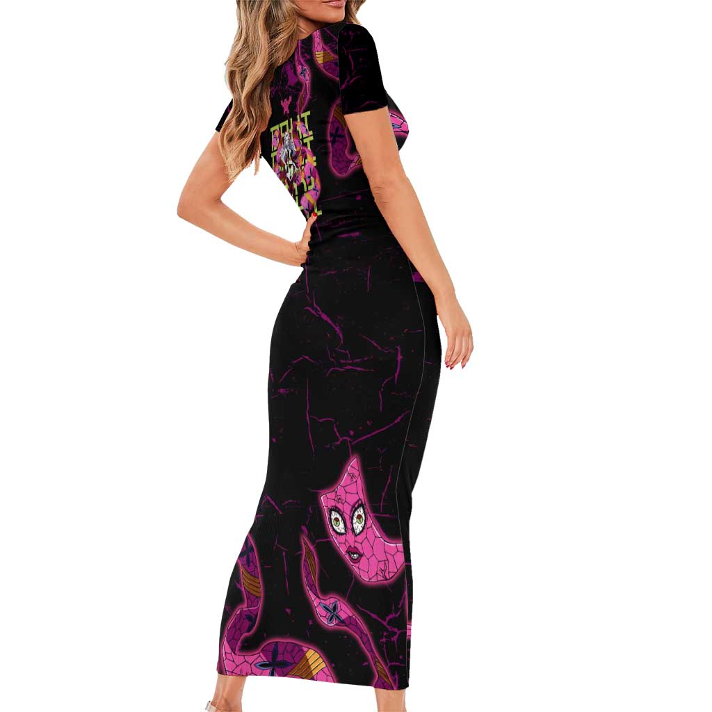 Daki Demon Slayer Theme Family Matching Short Sleeve Bodycon Dress and Hawaiian Shirt with Obi Sash Design and Neon Pink Green Graphic Elements