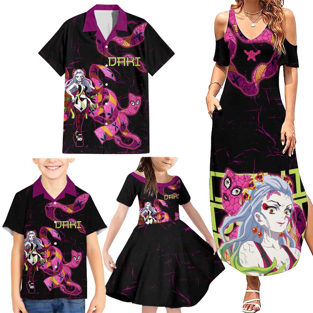 Daki Demon Slayer Theme Family Matching Summer Maxi Dress and Hawaiian Shirt with Obi Sash Design and Neon Pink Green Graphic Elements