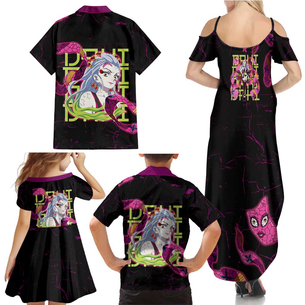 Daki Demon Slayer Theme Family Matching Summer Maxi Dress and Hawaiian Shirt with Obi Sash Design and Neon Pink Green Graphic Elements