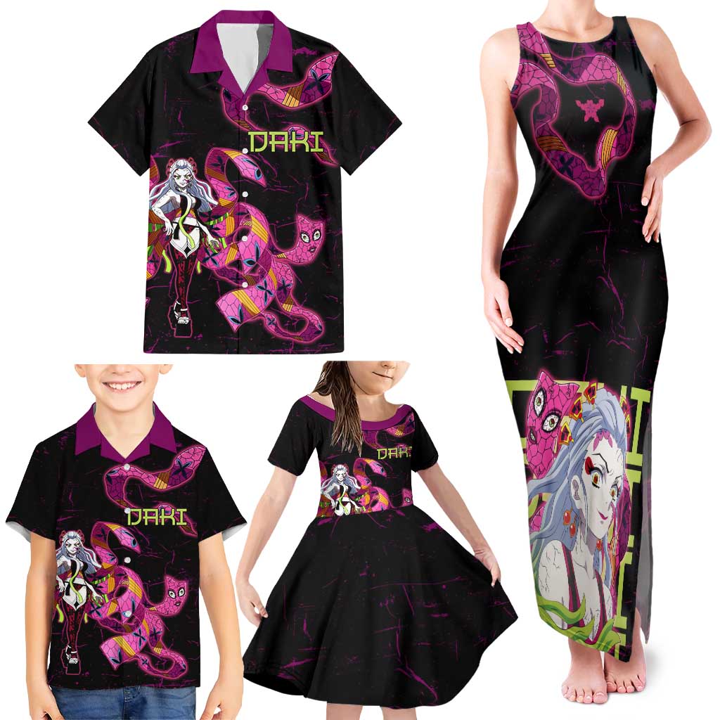Daki Demon Slayer Theme Family Matching Tank Maxi Dress and Hawaiian Shirt with Obi Sash Design and Neon Pink Green Graphic Elements