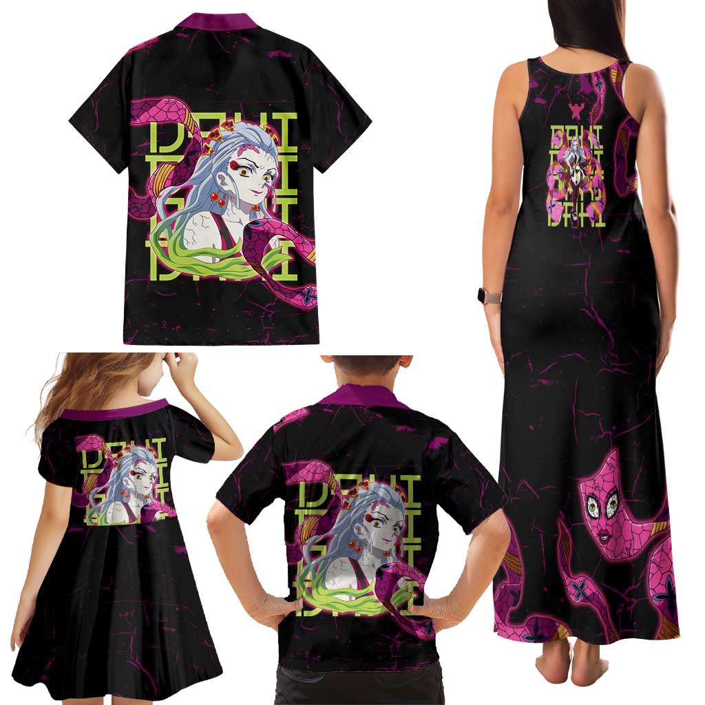 Daki Demon Slayer Theme Family Matching Tank Maxi Dress and Hawaiian Shirt with Obi Sash Design and Neon Pink Green Graphic Elements