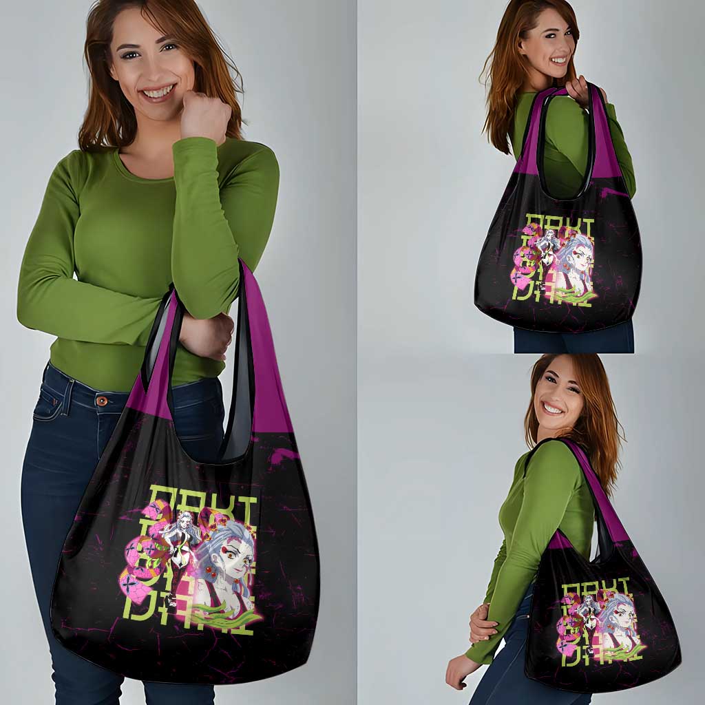 Daki Demon Slayer Theme Grocery Bag with Obi Sash Design and Neon Pink Green Graphic Elements - The Mazicc