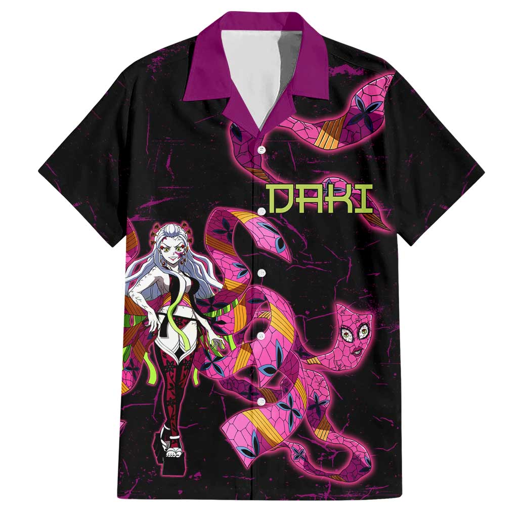Daki Demon Slayer Theme Hawaiian Shirt with Obi Sash Design and Neon Pink Green Graphic Elements - The Mazicc