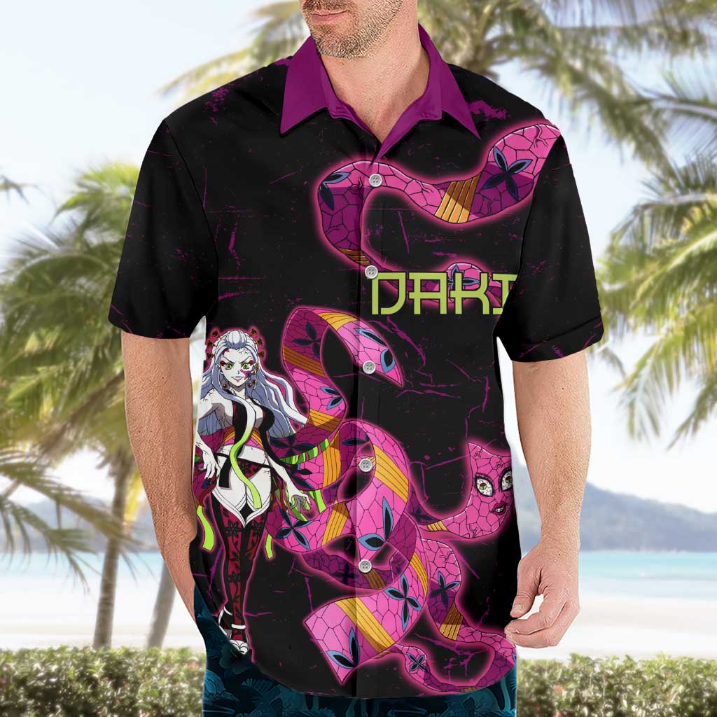 Daki Demon Slayer Theme Hawaiian Shirt with Obi Sash Design and Neon Pink Green Graphic Elements - The Mazicc
