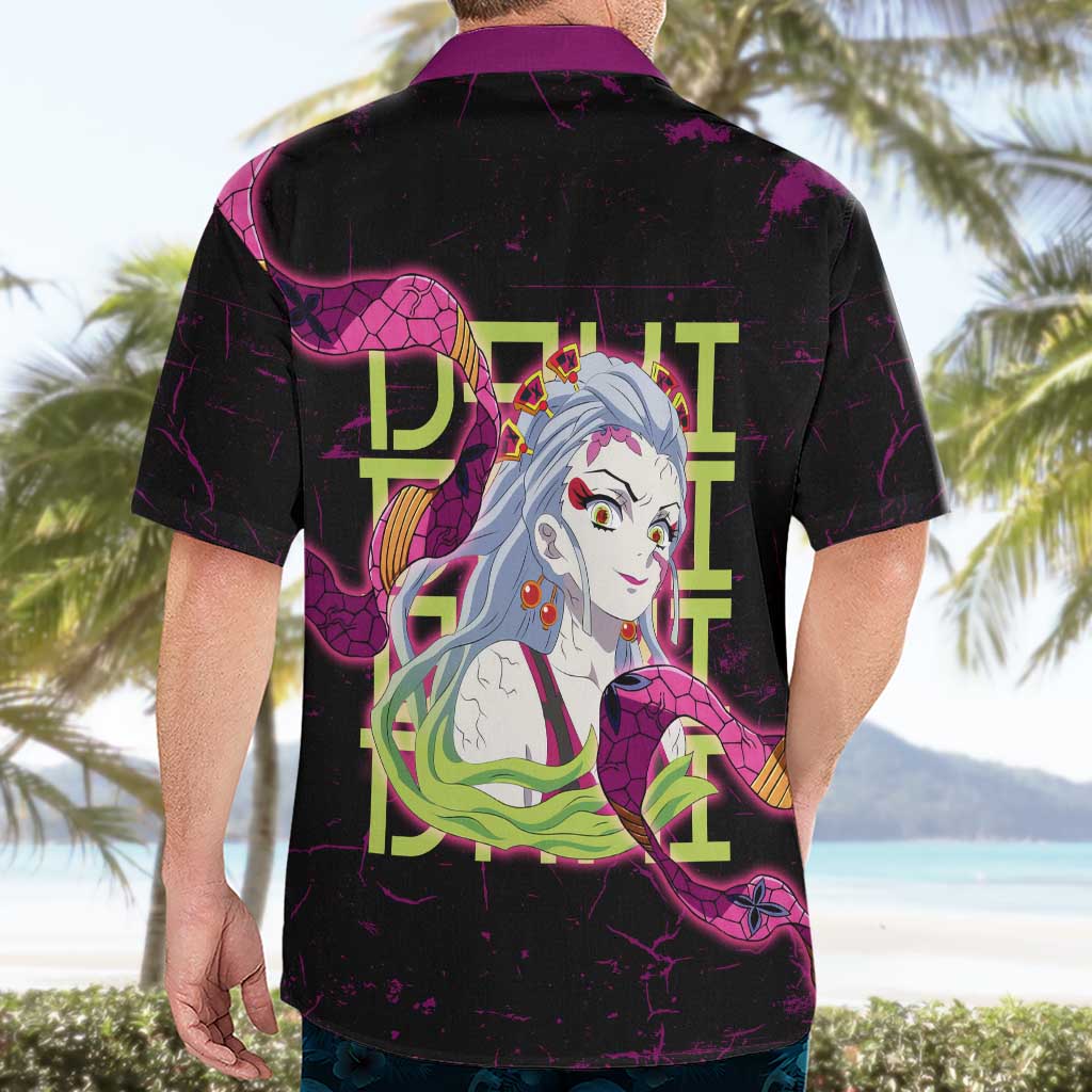 Daki Demon Slayer Theme Hawaiian Shirt with Obi Sash Design and Neon Pink Green Graphic Elements - The Mazicc
