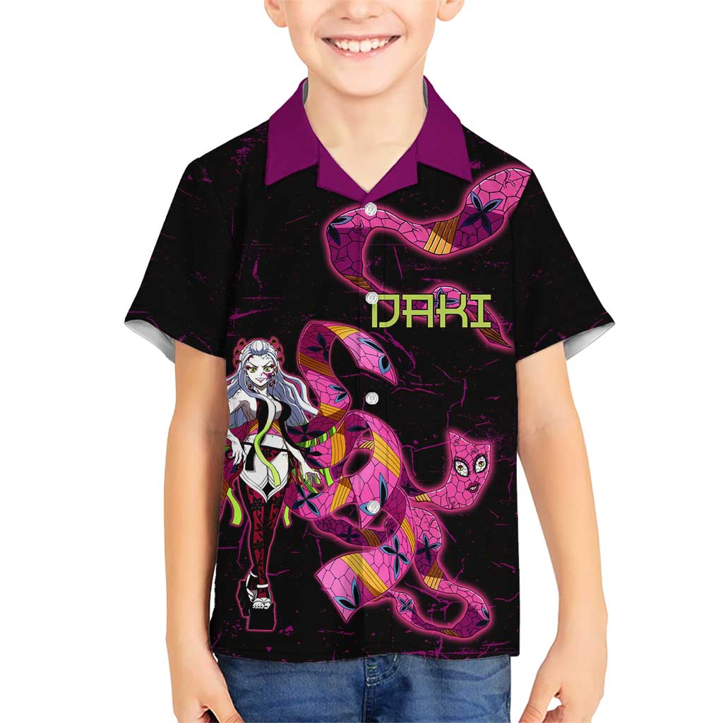 Daki Demon Slayer Theme Hawaiian Shirt with Obi Sash Design and Neon Pink Green Graphic Elements - The Mazicc