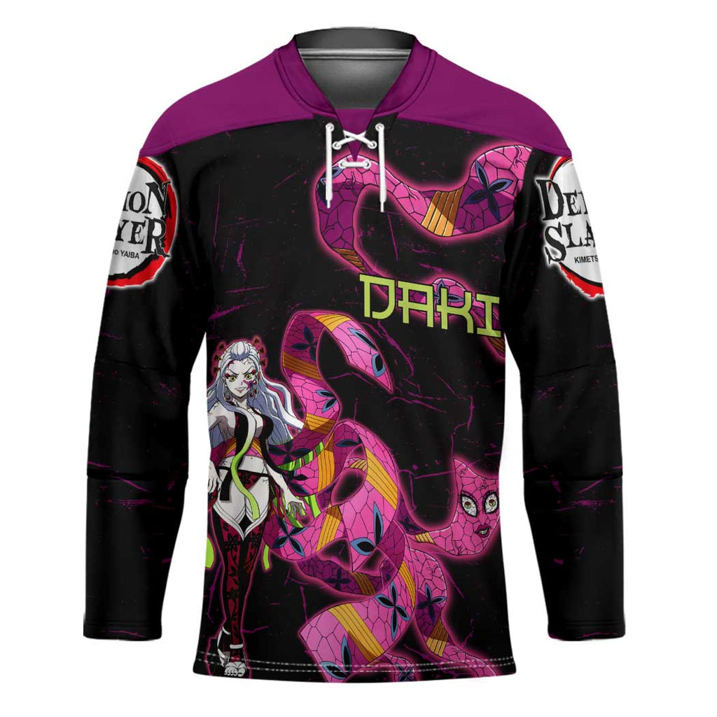 Daki Demon Slayer Theme Hockey Jersey with Obi Sash Design and Neon Pink Green Graphic Elements - The Mazicc