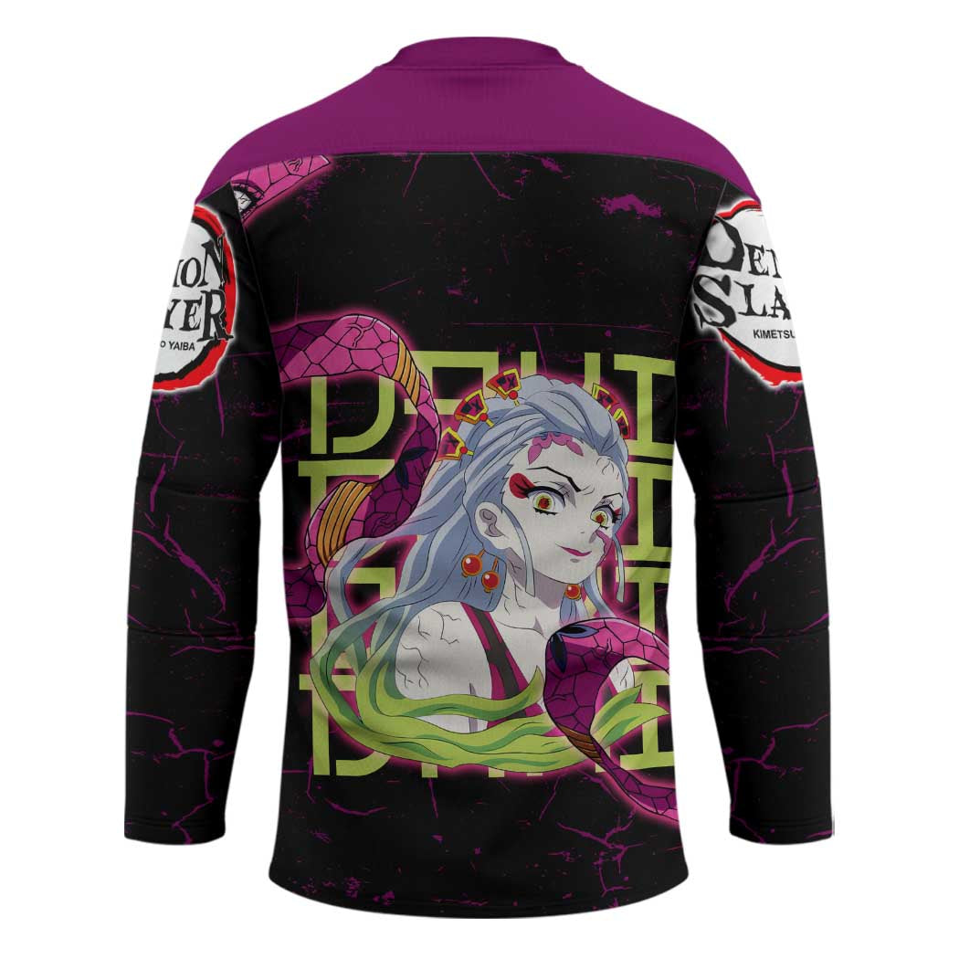 Daki Demon Slayer Theme Hockey Jersey with Obi Sash Design and Neon Pink Green Graphic Elements - The Mazicc