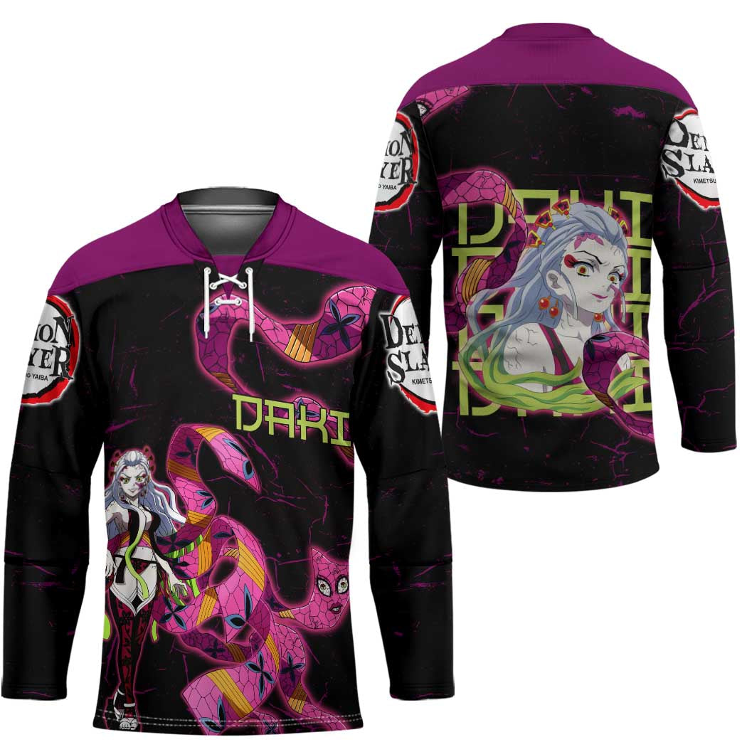 Daki Demon Slayer Theme Hockey Jersey with Obi Sash Design and Neon Pink Green Graphic Elements - The Mazicc