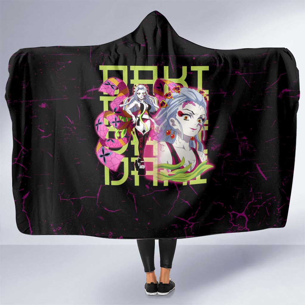 Daki Demon Slayer Theme Hooded Blanket with Obi Sash Design and Neon Pink Green Graphic Elements - The Mazicc