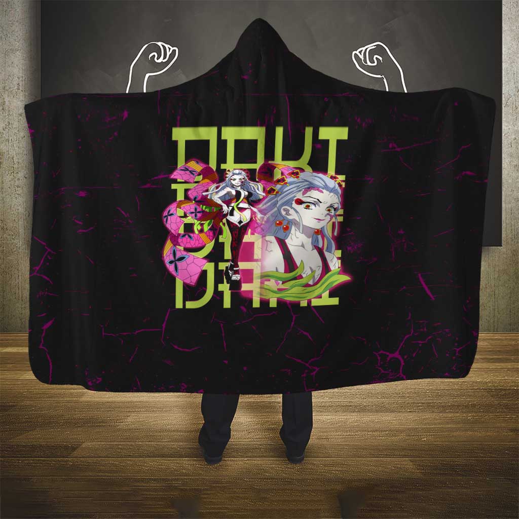 Daki Demon Slayer Theme Hooded Blanket with Obi Sash Design and Neon Pink Green Graphic Elements - The Mazicc