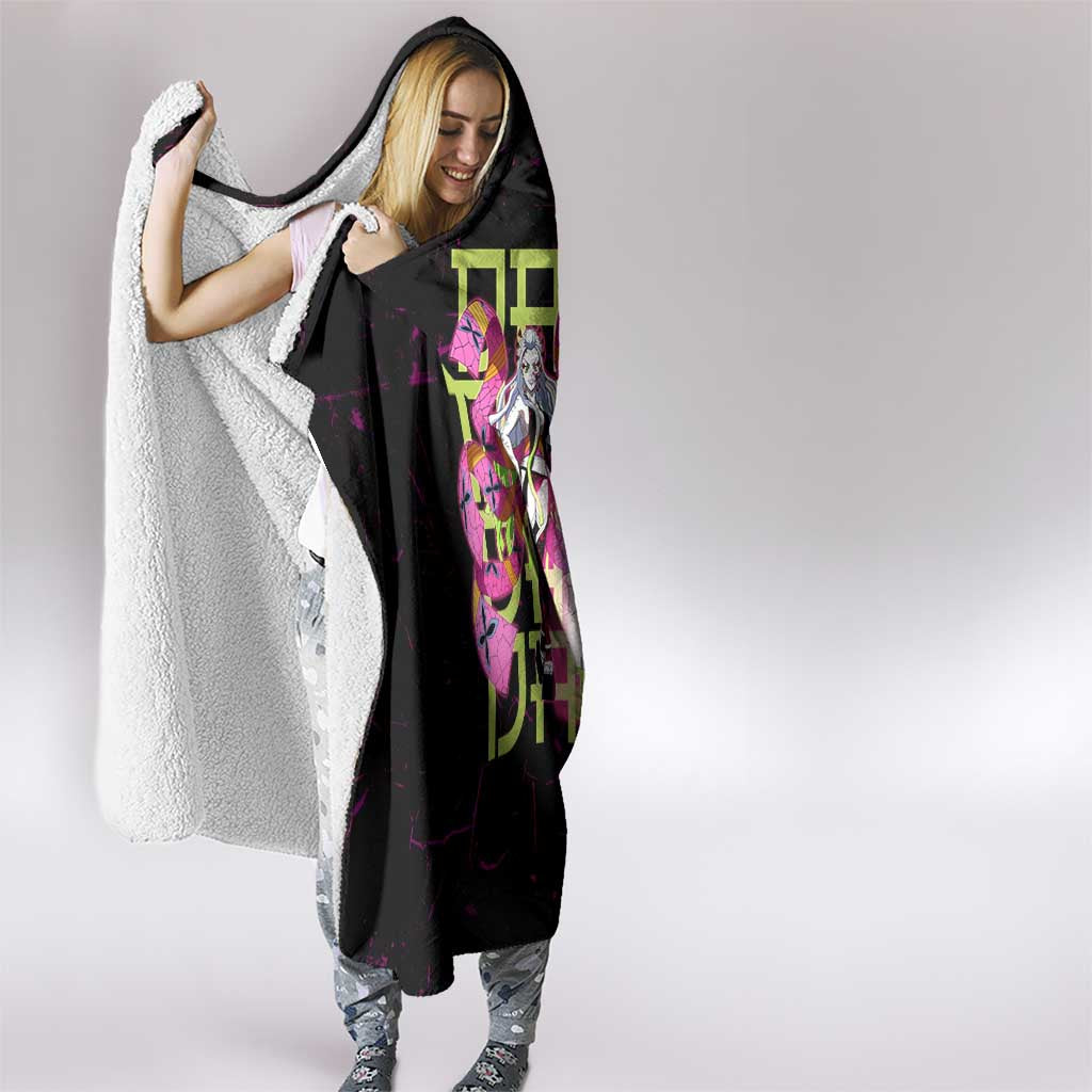 Daki Demon Slayer Theme Hooded Blanket with Obi Sash Design and Neon Pink Green Graphic Elements - The Mazicc