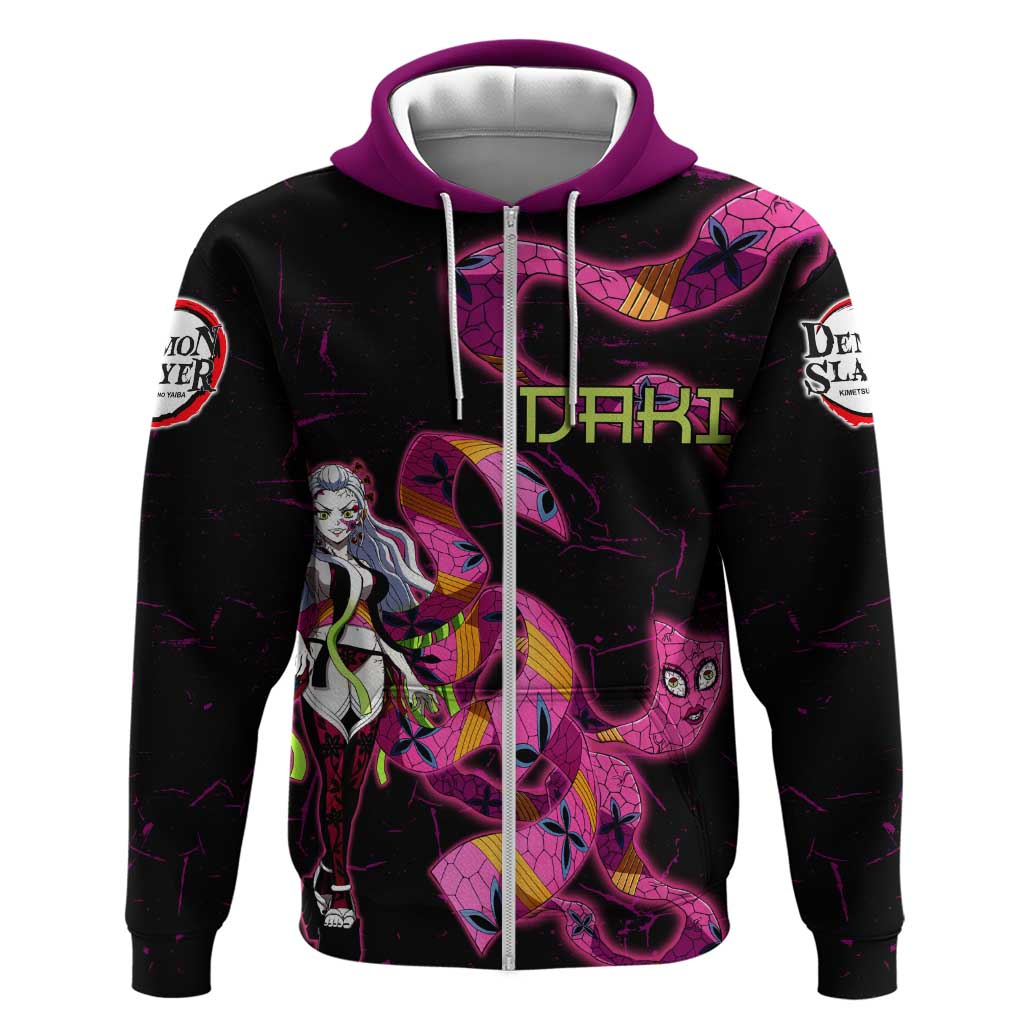 Daki Demon Slayer Theme Hoodie with Obi Sash Design and Neon Pink Green Graphic Elements - The Mazicc