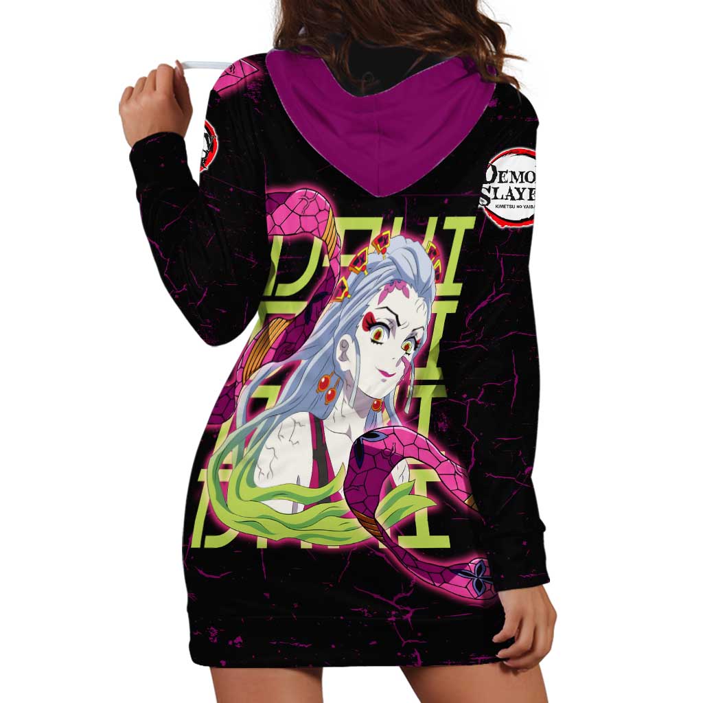 Daki Demon Slayer Theme Hoodie Dress with Obi Sash Design and Neon Pink Green Graphic Elements - The Mazicc