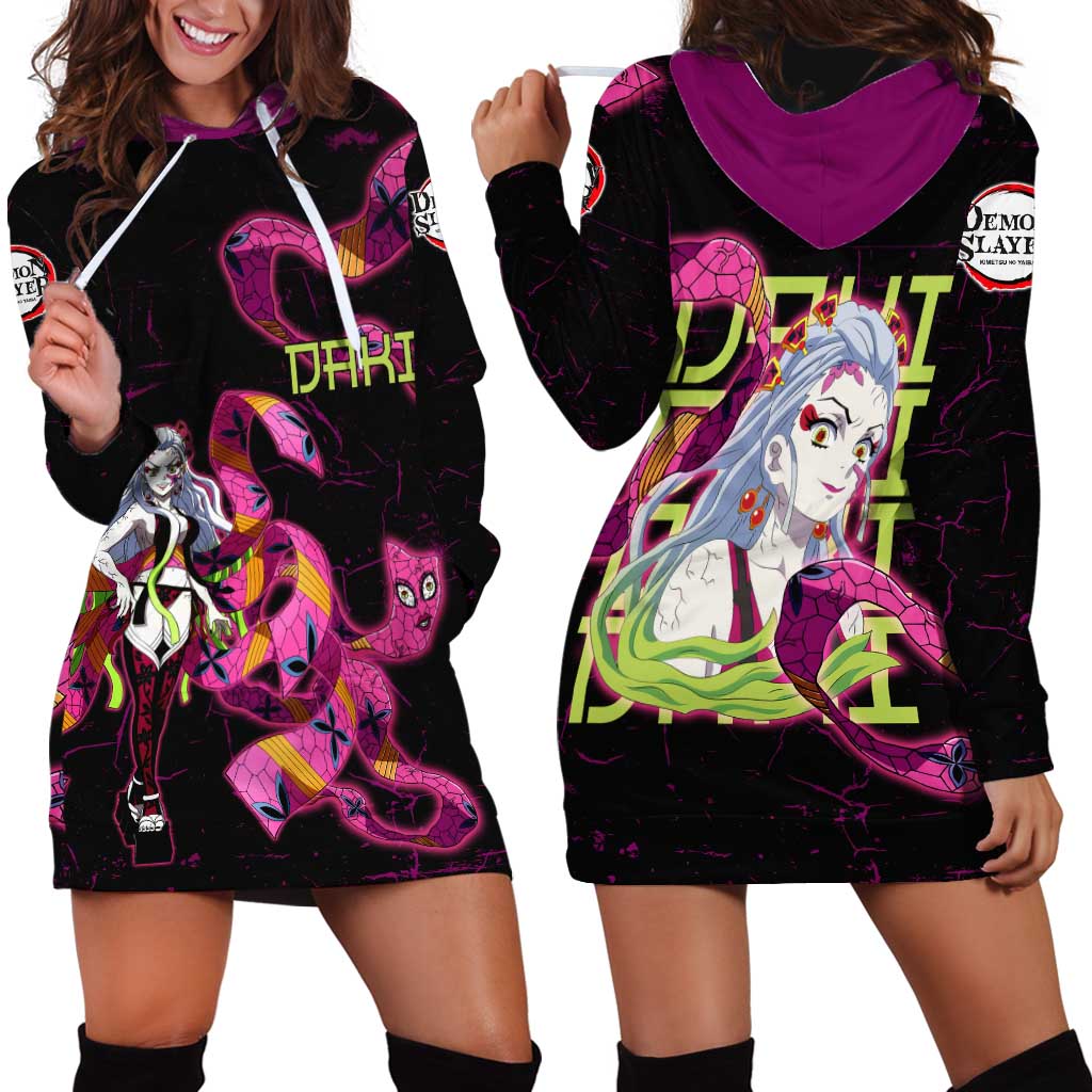 Daki Demon Slayer Theme Hoodie Dress with Obi Sash Design and Neon Pink Green Graphic Elements - The Mazicc