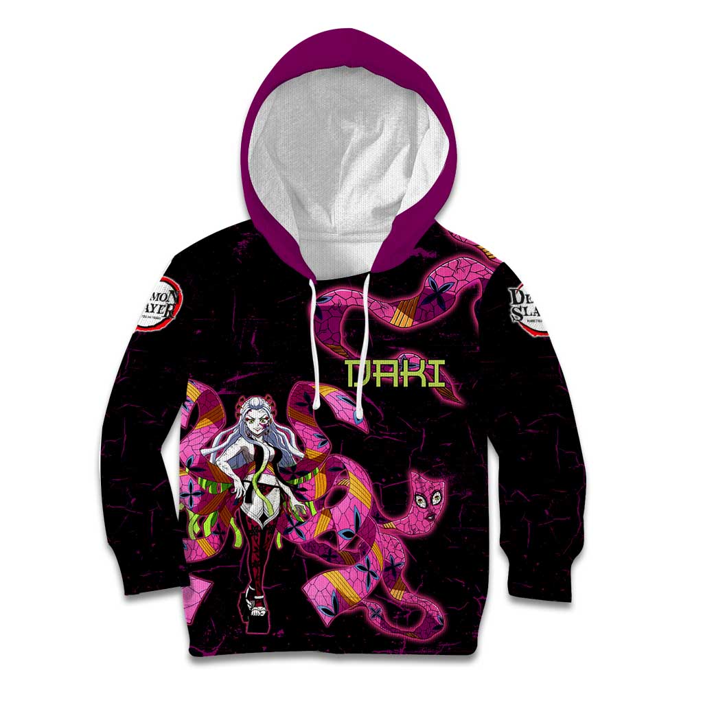 Daki Demon Slayer Theme Kid Hoodie with Obi Sash Design and Neon Pink Green Graphic Elements - The Mazicc