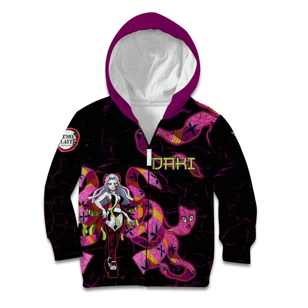 Daki Demon Slayer Theme Kid Hoodie with Obi Sash Design and Neon Pink Green Graphic Elements - The Mazicc