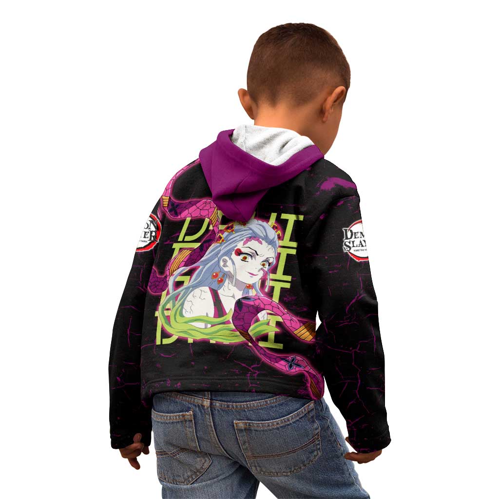 Daki Demon Slayer Theme Kid Hoodie with Obi Sash Design and Neon Pink Green Graphic Elements - The Mazicc