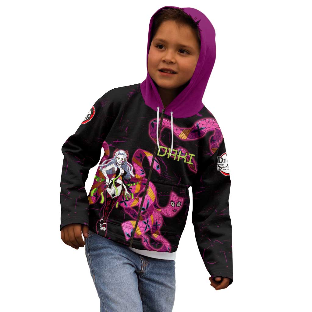 Daki Demon Slayer Theme Kid Hoodie with Obi Sash Design and Neon Pink Green Graphic Elements - The Mazicc