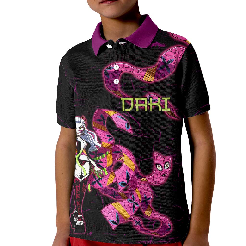 Daki Demon Slayer Theme Kid Polo Shirt with Obi Sash Design and Neon Pink Green Graphic Elements - The Mazicc