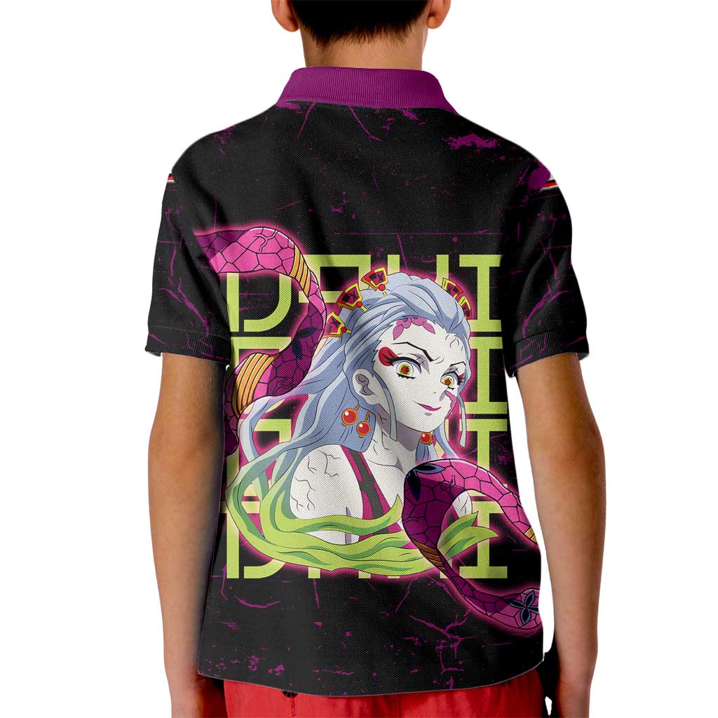 Daki Demon Slayer Theme Kid Polo Shirt with Obi Sash Design and Neon Pink Green Graphic Elements - The Mazicc