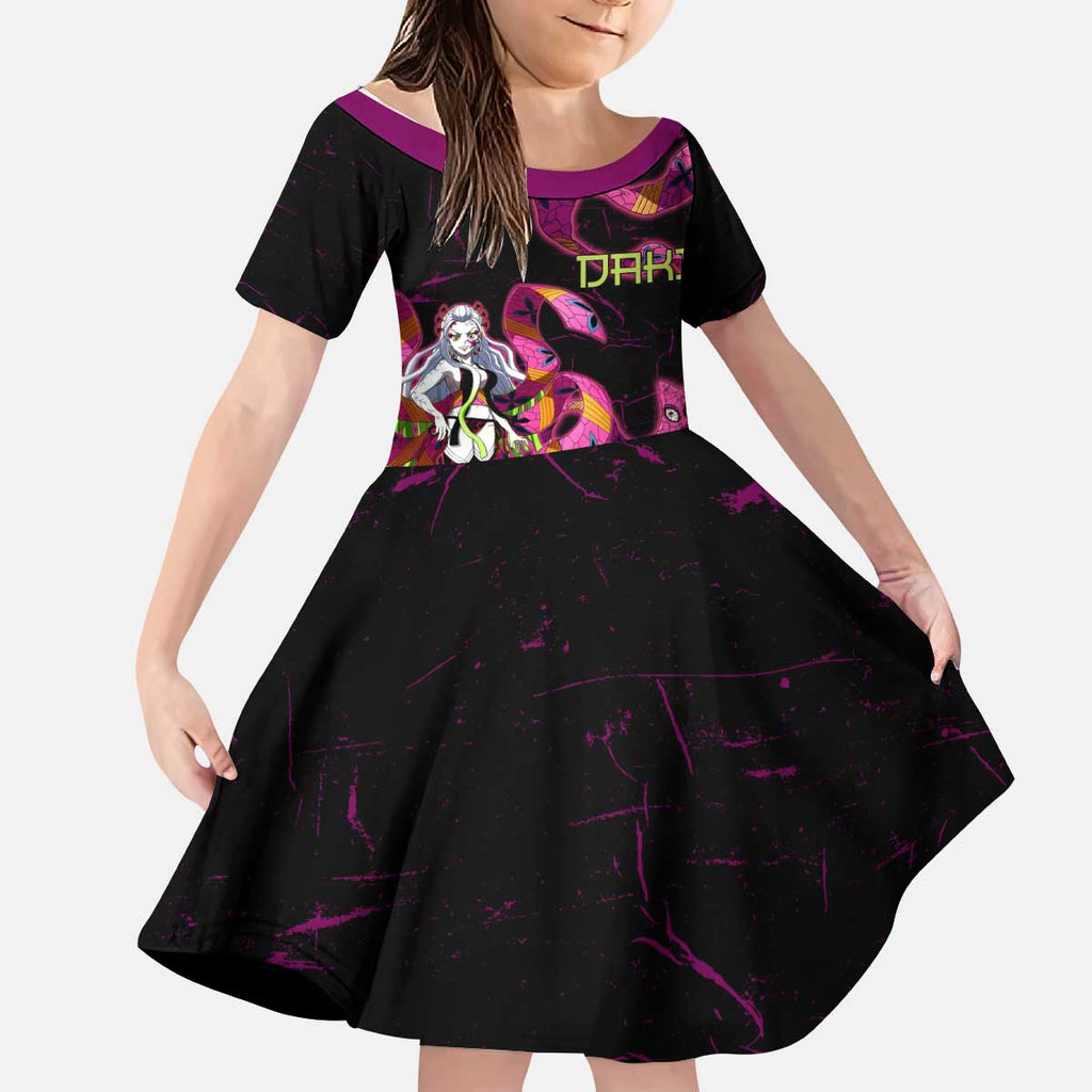 Daki Demon Slayer Theme Kid Short Sleeve Dress with Obi Sash Design and Neon Pink Green Graphic Elements - The Mazicc