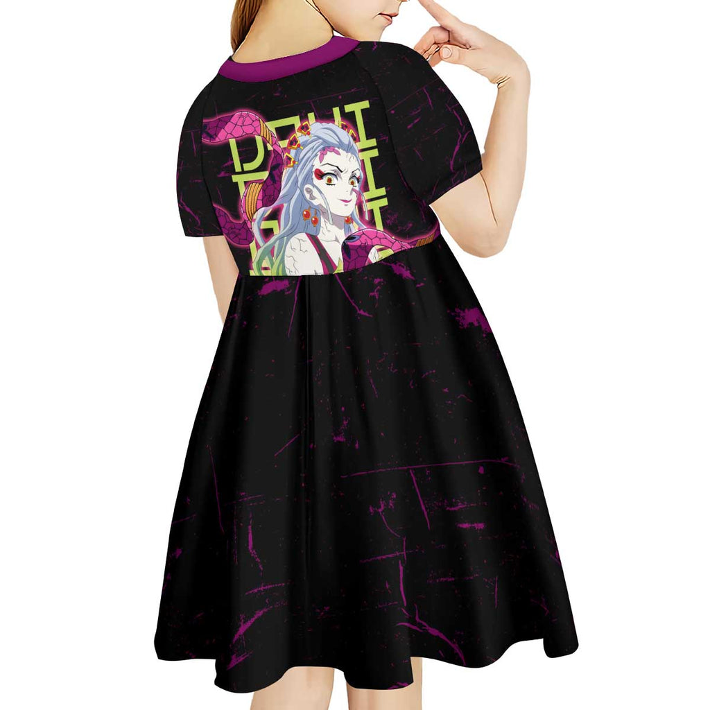 Daki Demon Slayer Theme Kid Short Sleeve Dress with Obi Sash Design and Neon Pink Green Graphic Elements - The Mazicc
