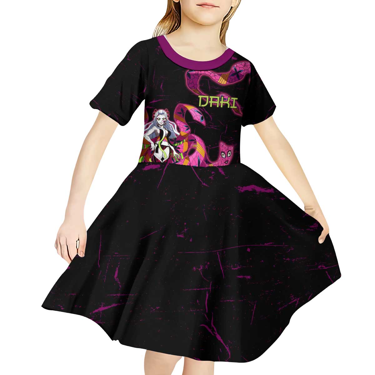 Daki Demon Slayer Theme Kid Short Sleeve Dress with Obi Sash Design and Neon Pink Green Graphic Elements - The Mazicc