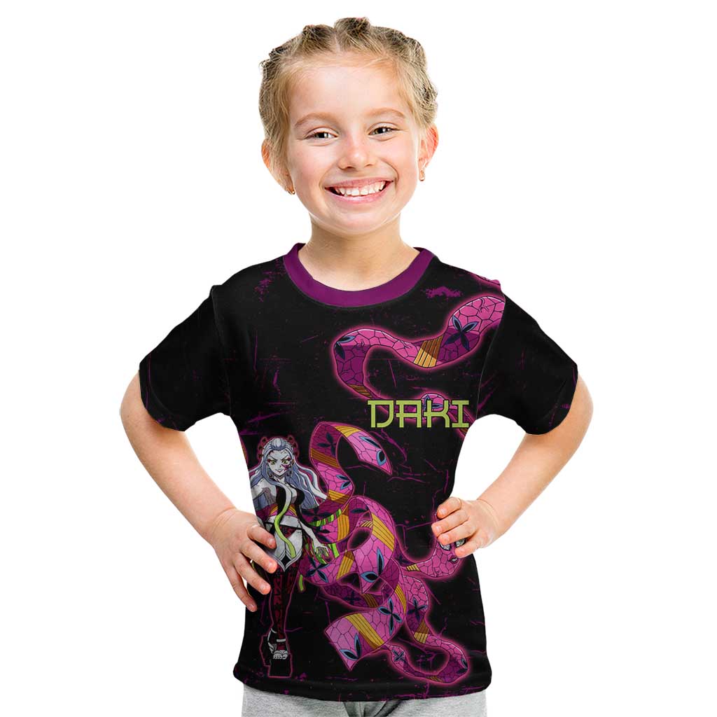 Daki Demon Slayer Theme Kid T Shirt with Obi Sash Design and Neon Pink Green Graphic Elements - The Mazicc